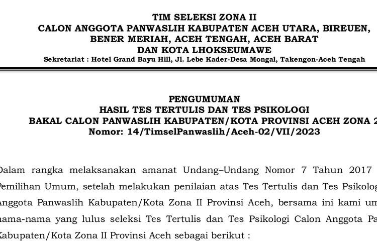 Pengumuman 12 Besar Calon Anggota Panwaslih Aceh Zona II