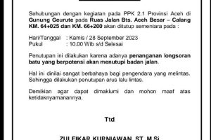 Jalan Lintas Banda Aceh – Meulaboh Akan Ditutup Besok, Ini Penyebabnya